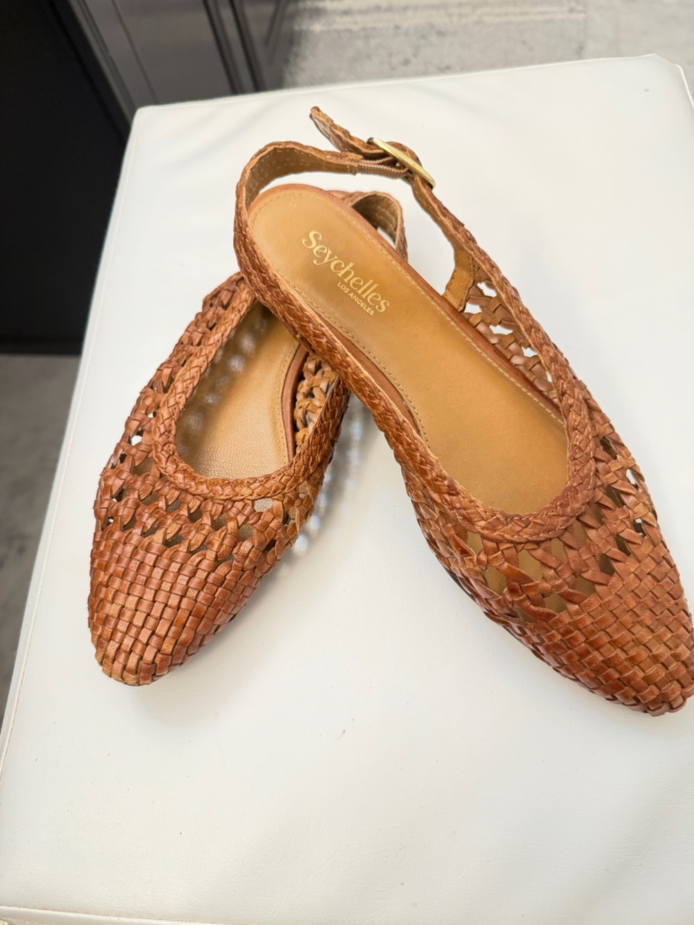 Seychelles Woven Slingback Mules in Cognac